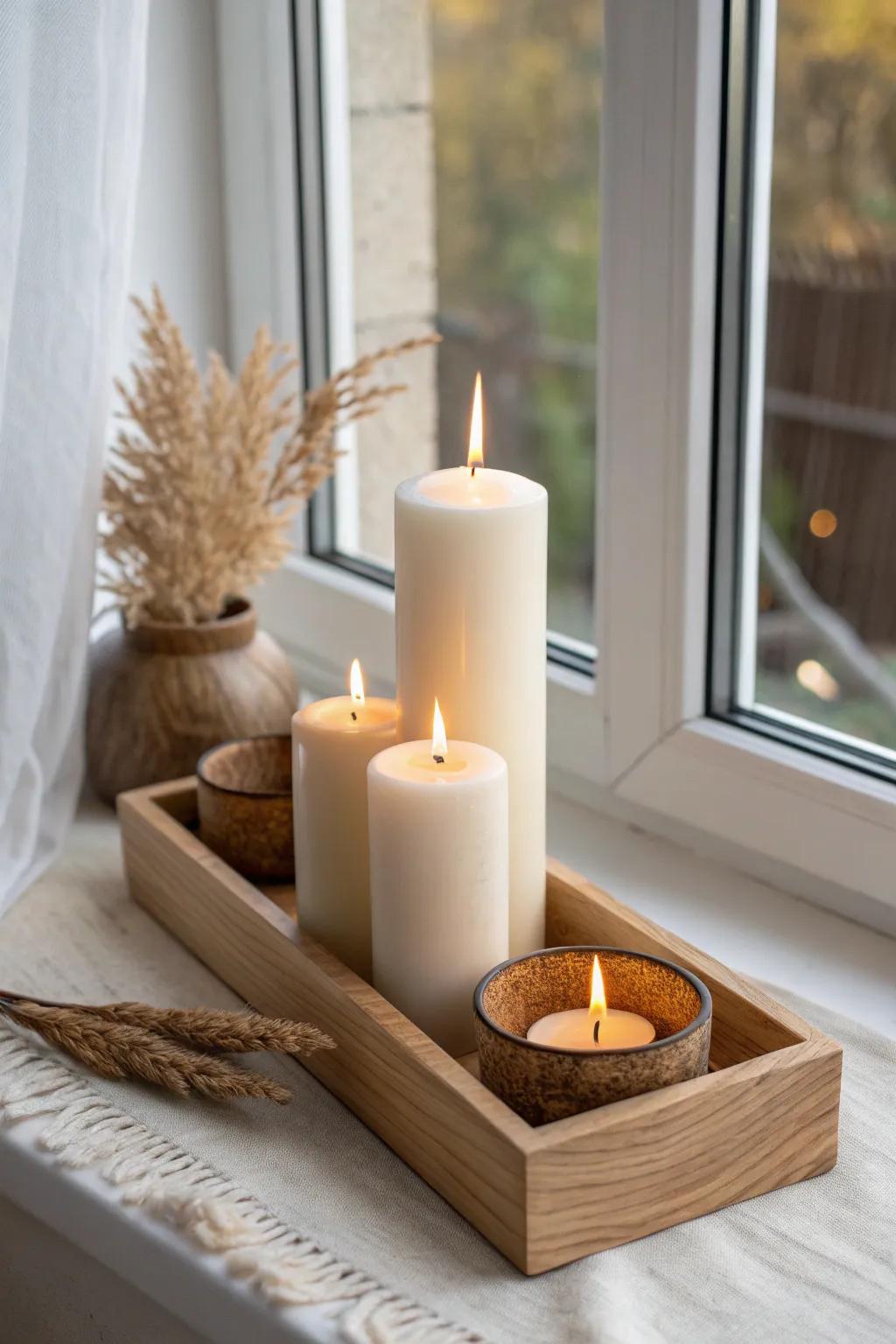 Cozy candlelight on a handcrafted oak tray—warm glow, mixed heights, zero wax mess.