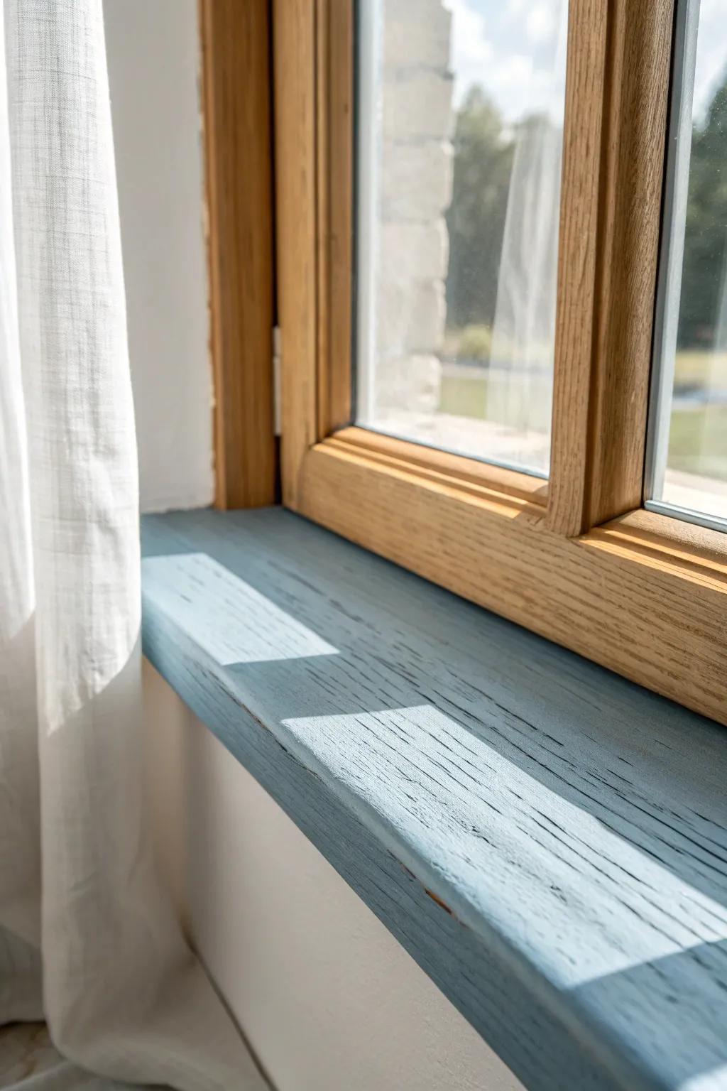 Dusty blue on a sunlit window sill adds a calm, airy filter without overpowering the room.
