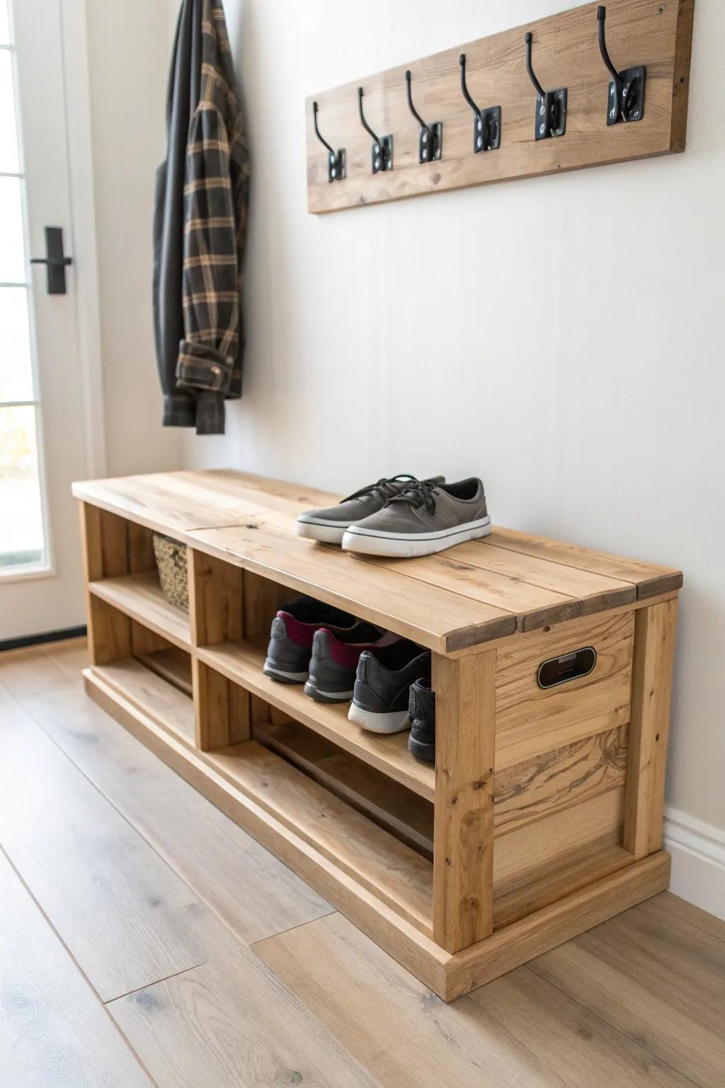 Scandi wine-crate shoe bench: warm wood, clean lines, with side hooks for entryway calm.