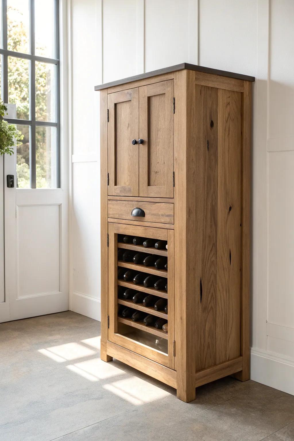 Warm reclaimed wood meets matte black metal—simple accents that elevate any wine cabinet.