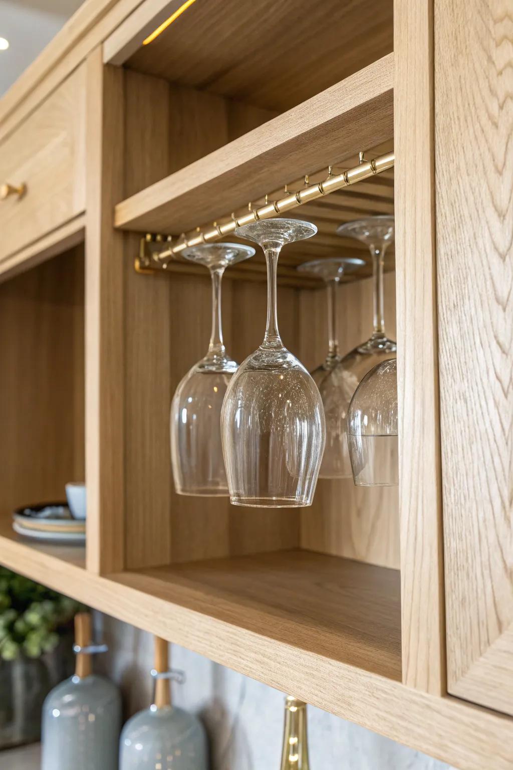 Under-shelf stemware rack turns your wine cabinet into a mini bar—beautiful, space-smart storage.