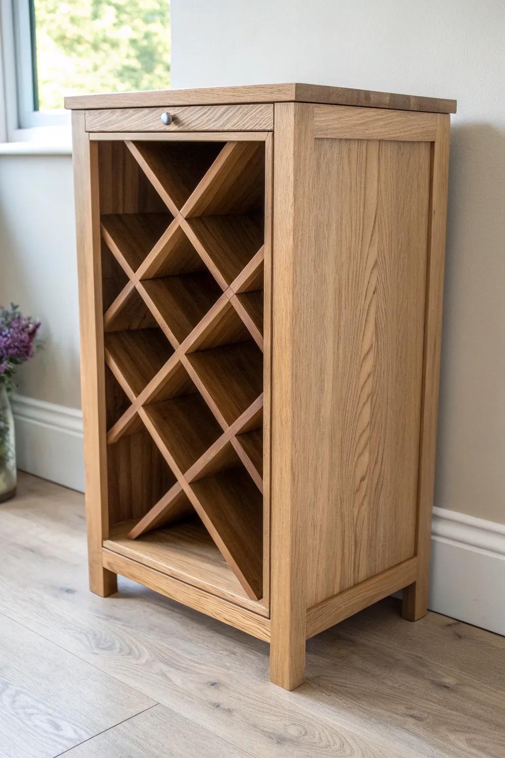 A timeless X-divider wine cube cabinet—minimal, sturdy, and beautifully crafted in oak.