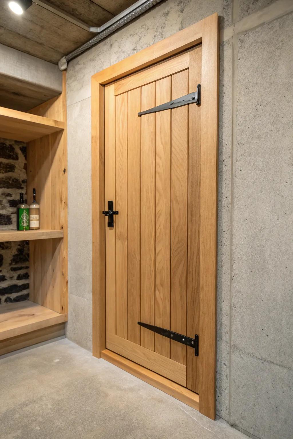 A snug sealed corner cellar—insulated, vapor-tight, and finished with warm oak craftsmanship.