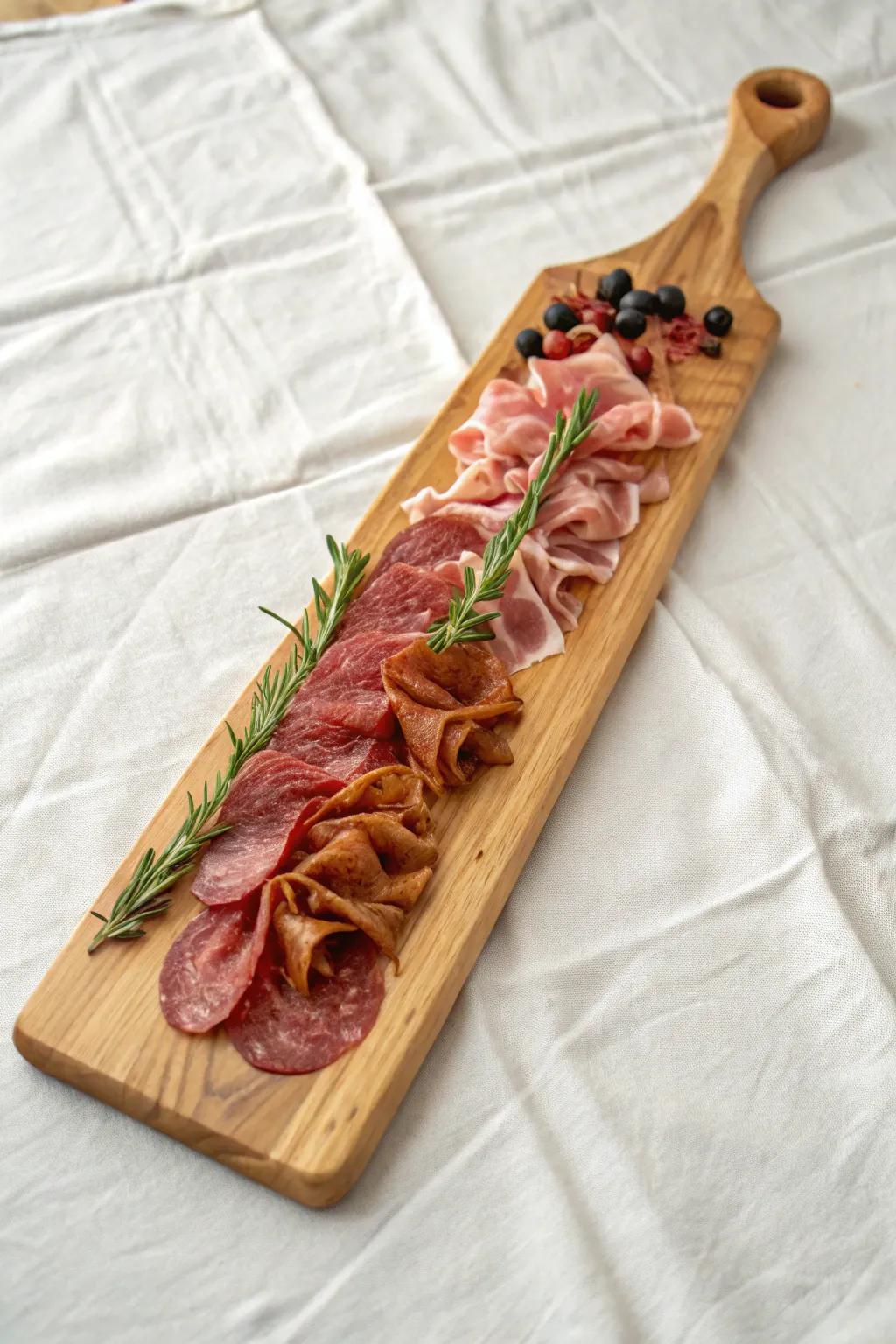 Meat-lover’s wine board: dramatic cured-meat waves on a sleek paddle wood board.