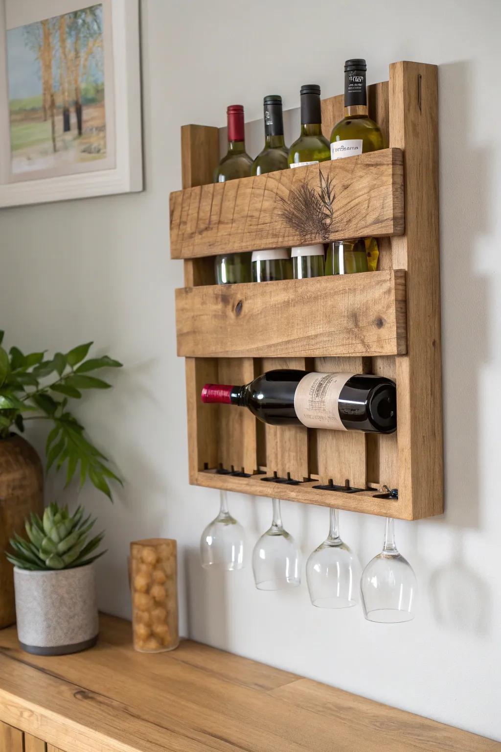 A compact wine rack with stemware slots—minimal, warm, and handcrafted for a tiny bar corner.