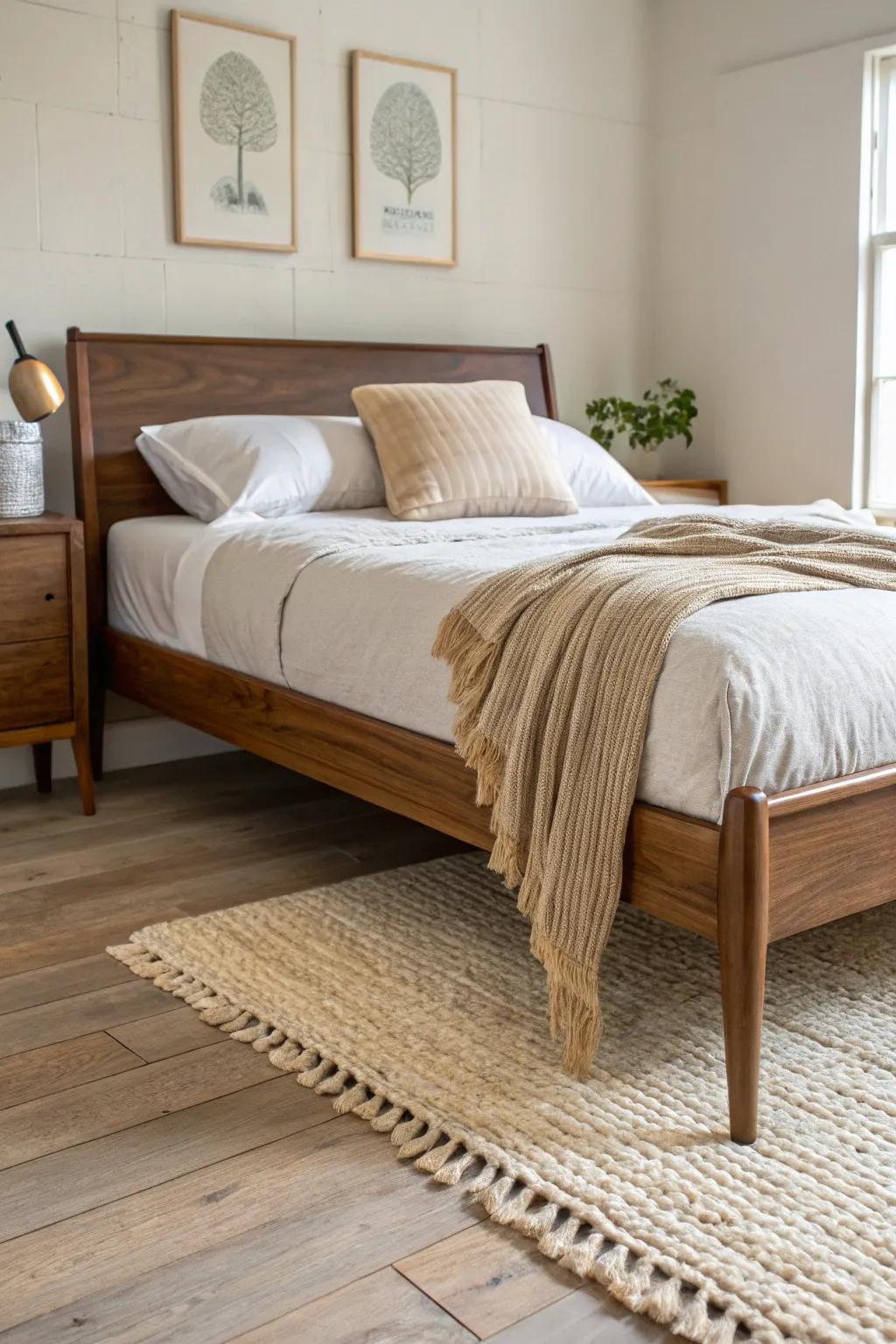 Sleek mid-century warmth: a tapered-leg wood bed frame that elevates simple, neutral bedding.