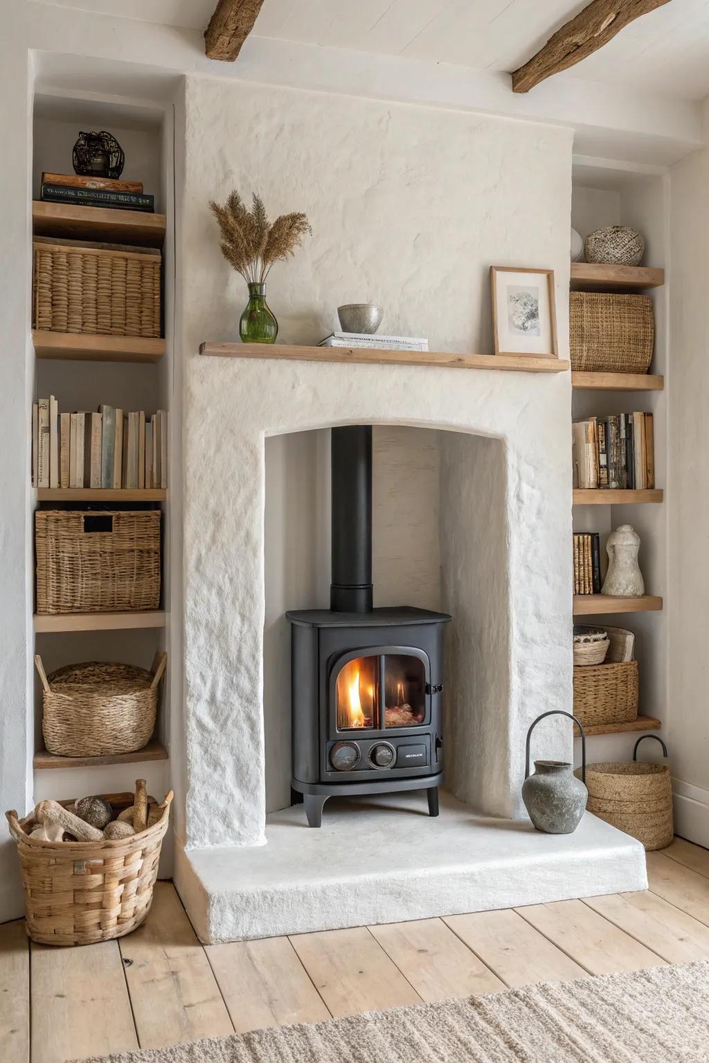 Built-in shelves framing a wood stove—simple styling, warm flames, and calm Nordic balance.