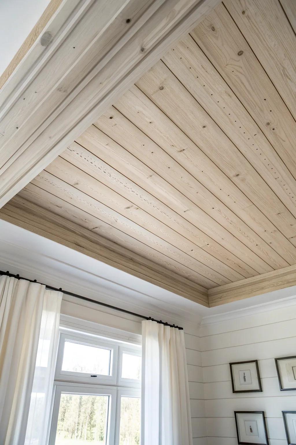 Shiplap ceiling framed with a wide border trim for a clean, custom picture-frame finish.