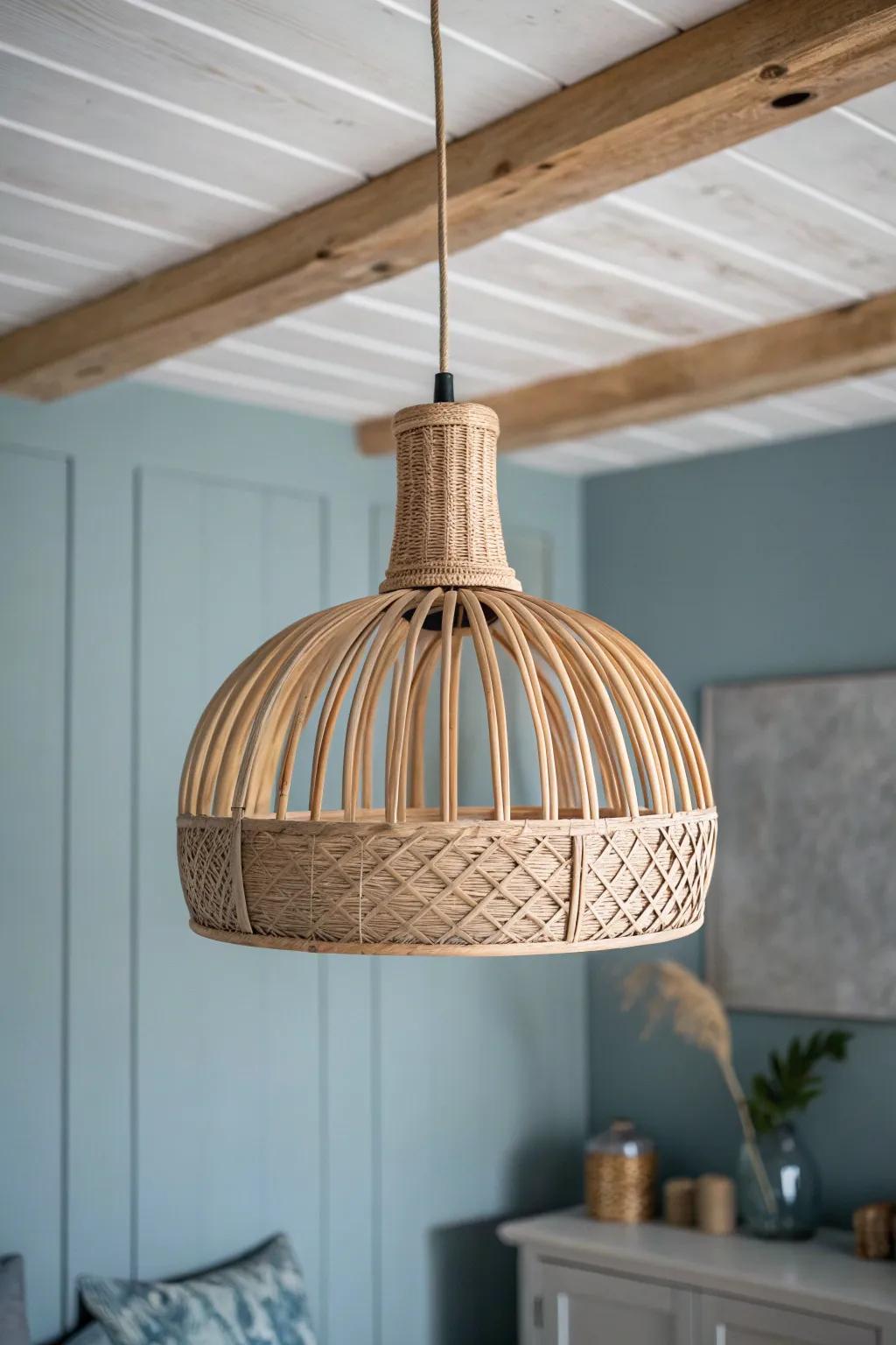 Misty blue-gray walls cool a wood ceiling beautifully—modern, calm, and still cozy.