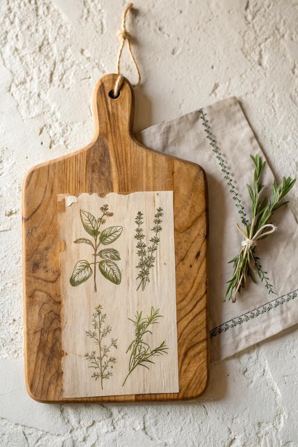 Thrifted cutting board turned decor—herb decoupage + linen loop for a simple wall hang.