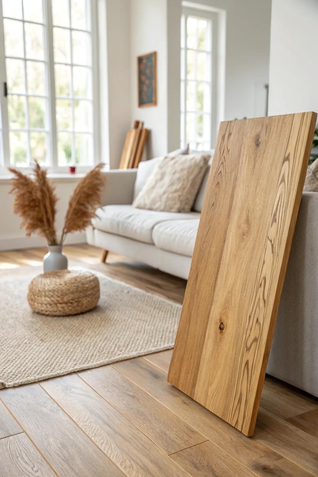 Glossy wood floors reflect daylight, making even a dim living room feel brighter and polished.