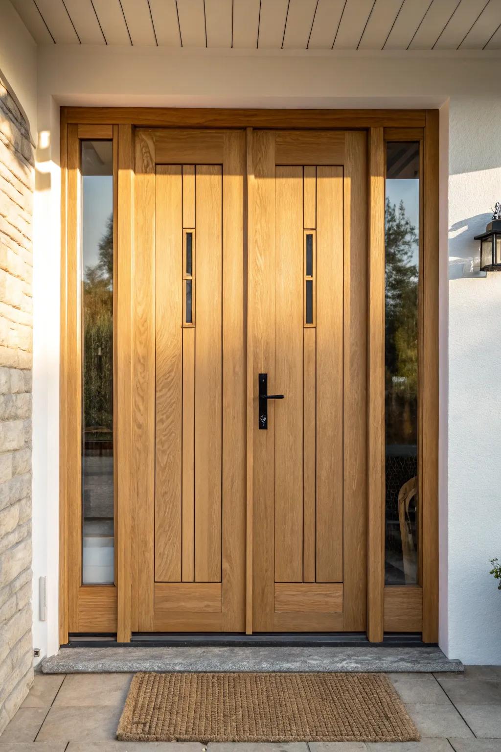 Double oak front doors with sleek black hardware—big curb appeal, timeless and handcrafted.