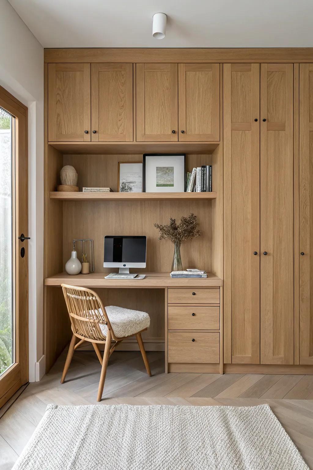 A cozy wood-paneled desk niche with shallow built-ins—minimal, tidy, and beautifully warm.