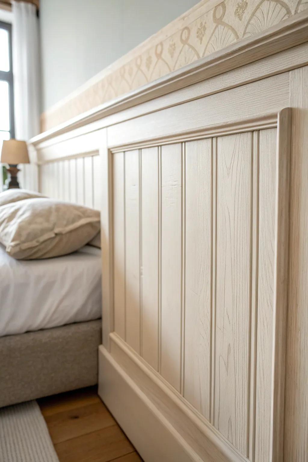 Creamy off-white painted paneling keeps the wood texture—cozy, bright, and beautifully minimal.