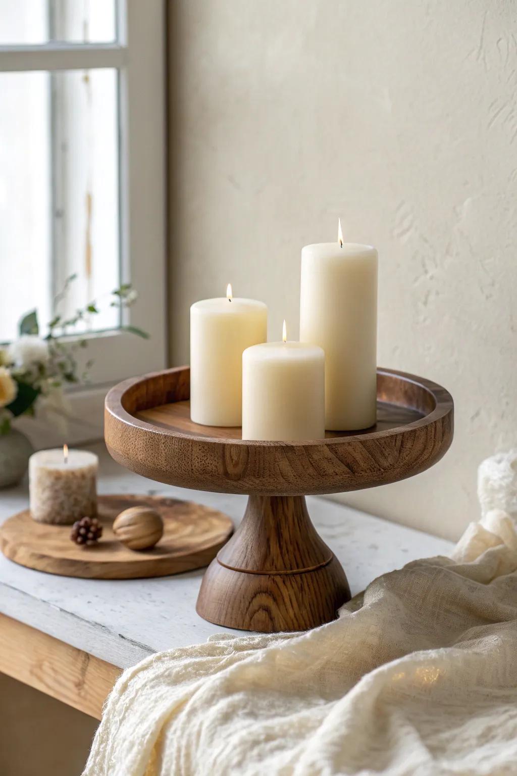 Three candles, three heights—styled as one calm statement on a warm wood riser.