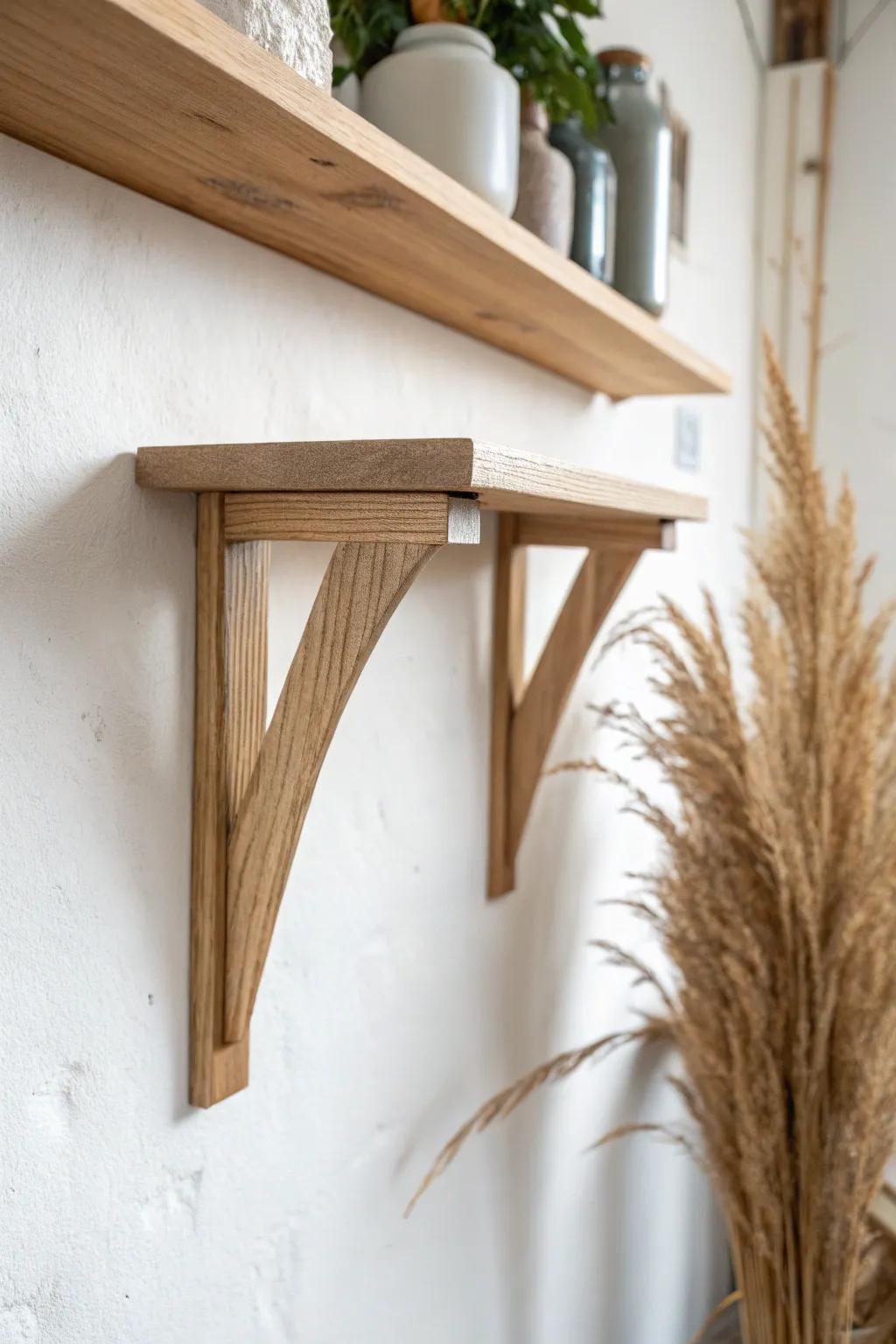 Slim tapered wood bracket for an airy, minimalist shelf look—simple, strong, handcrafted.