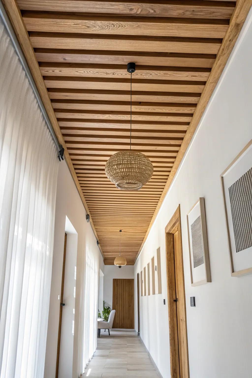 Lengthwise wood slats pull the eye forward, making narrow rooms feel longer and airier.