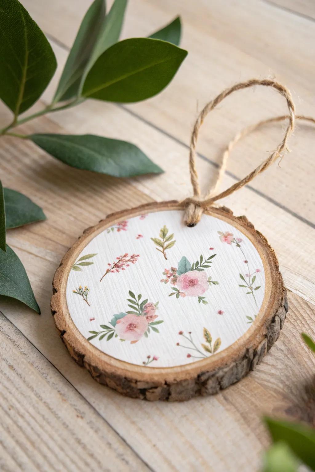 Decoupage a pretty wrapping-paper circle onto a wood slice—sand edges for a seamless finish.