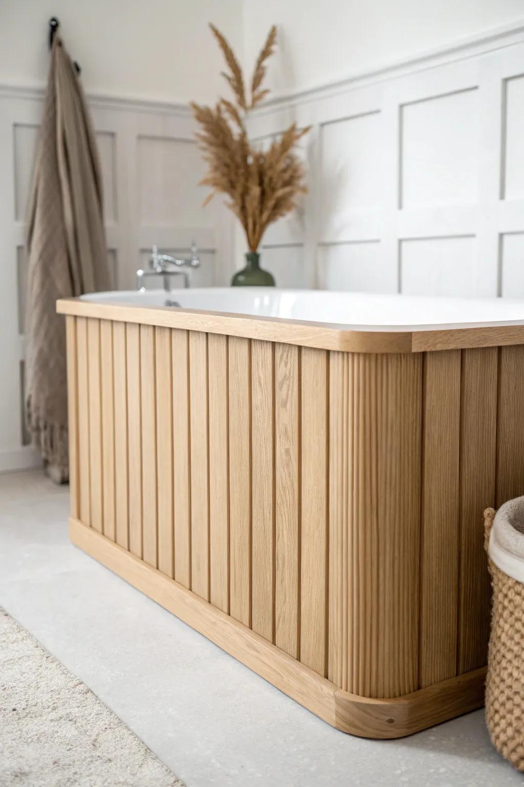 Beadboard-style wood tub apron—clean grooves, warm oak grain, and timeless charm.
