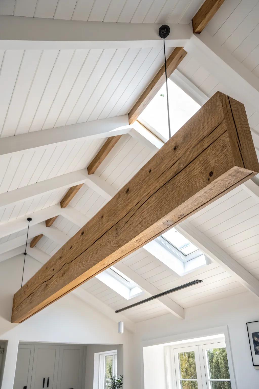 Lightweight faux box beam brings warm wood-beam vaulted style—perfect for DIY and hidden wiring.