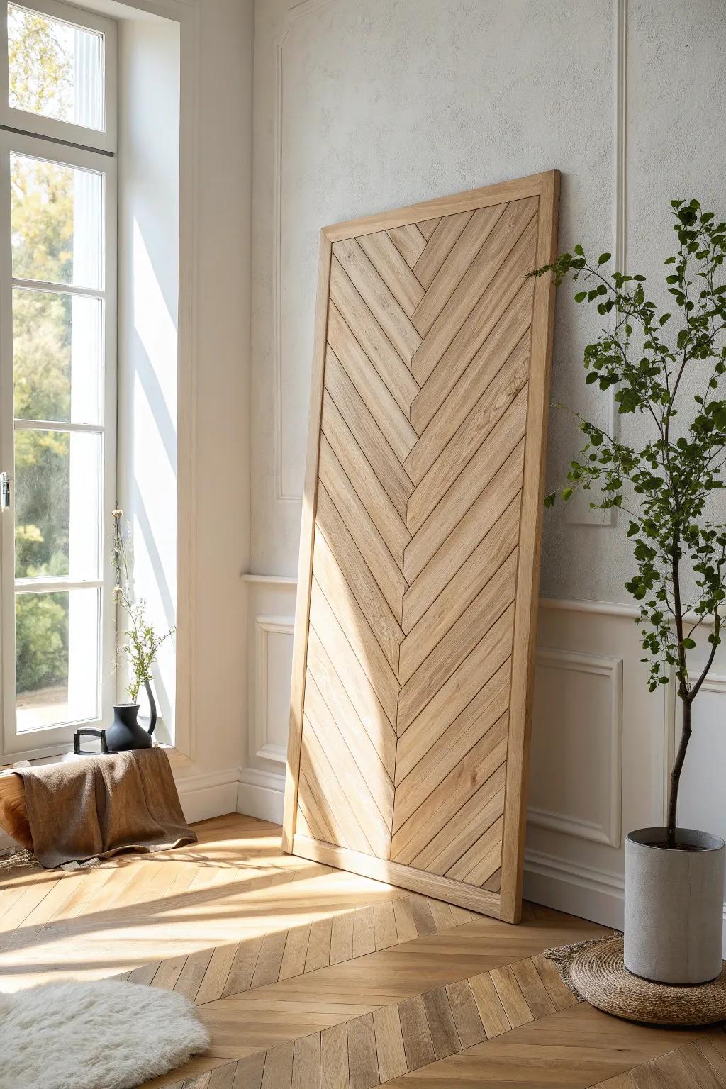 Herringbone wood panel: clean lines, warm oak tones, and a designer wall vibe in minutes.