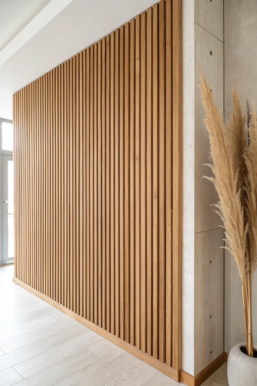 Modern vertical slat wall in light wood—clean lines, even spacing, and warm shadow contrast.