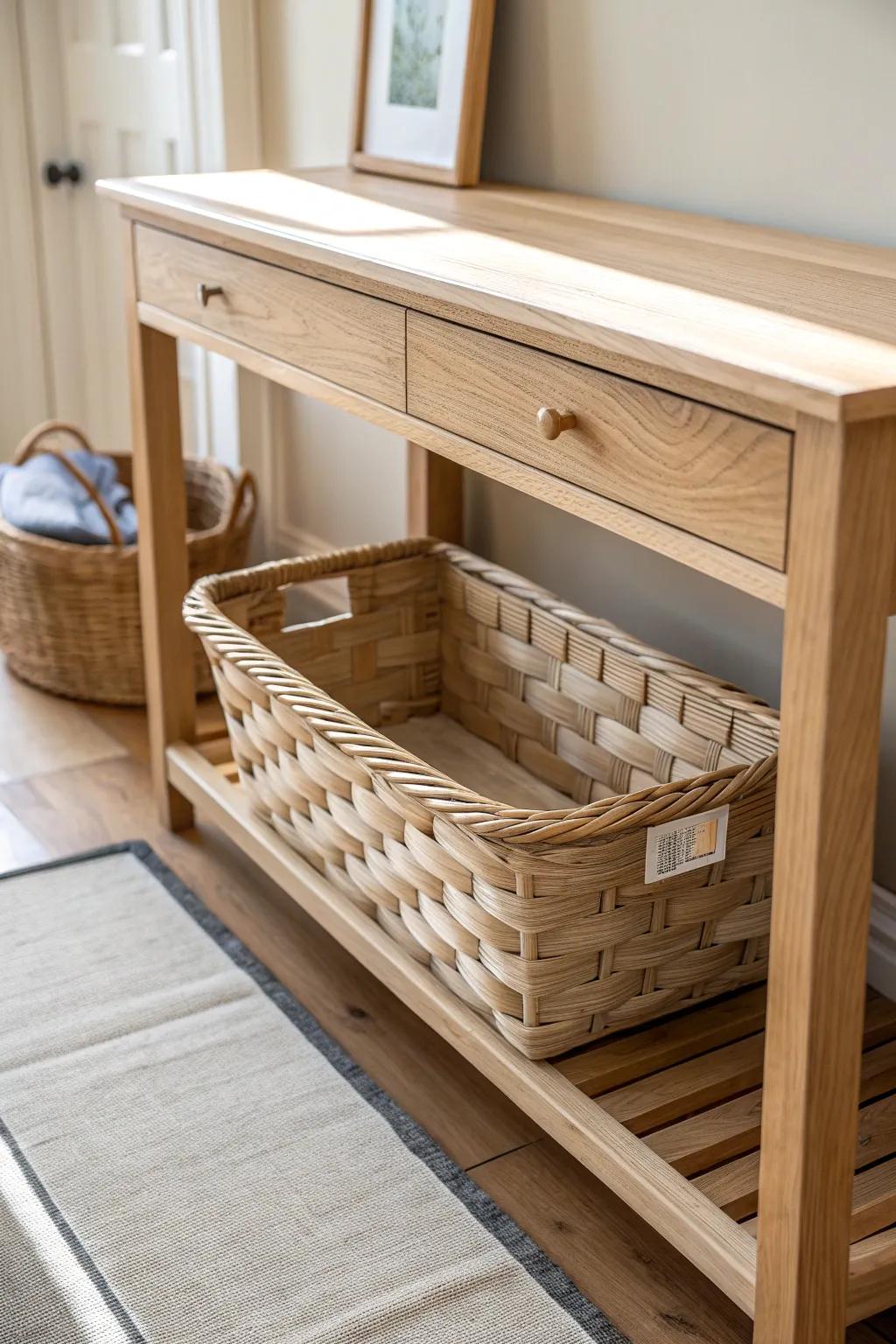 Under-shelf slide-in wooden basket: hidden storage for cords and remotes, beautifully minimalist.