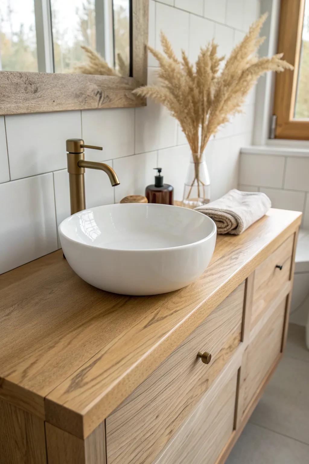 Warm oak countertop + crisp vessel sink—spa calm with farmhouse charm and handcrafted detail.