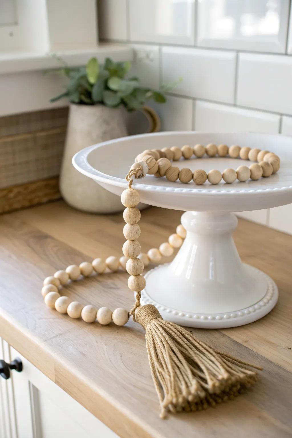 Drape a wooden bead garland on a tiered stand to soften lines and add warm, handmade charm.