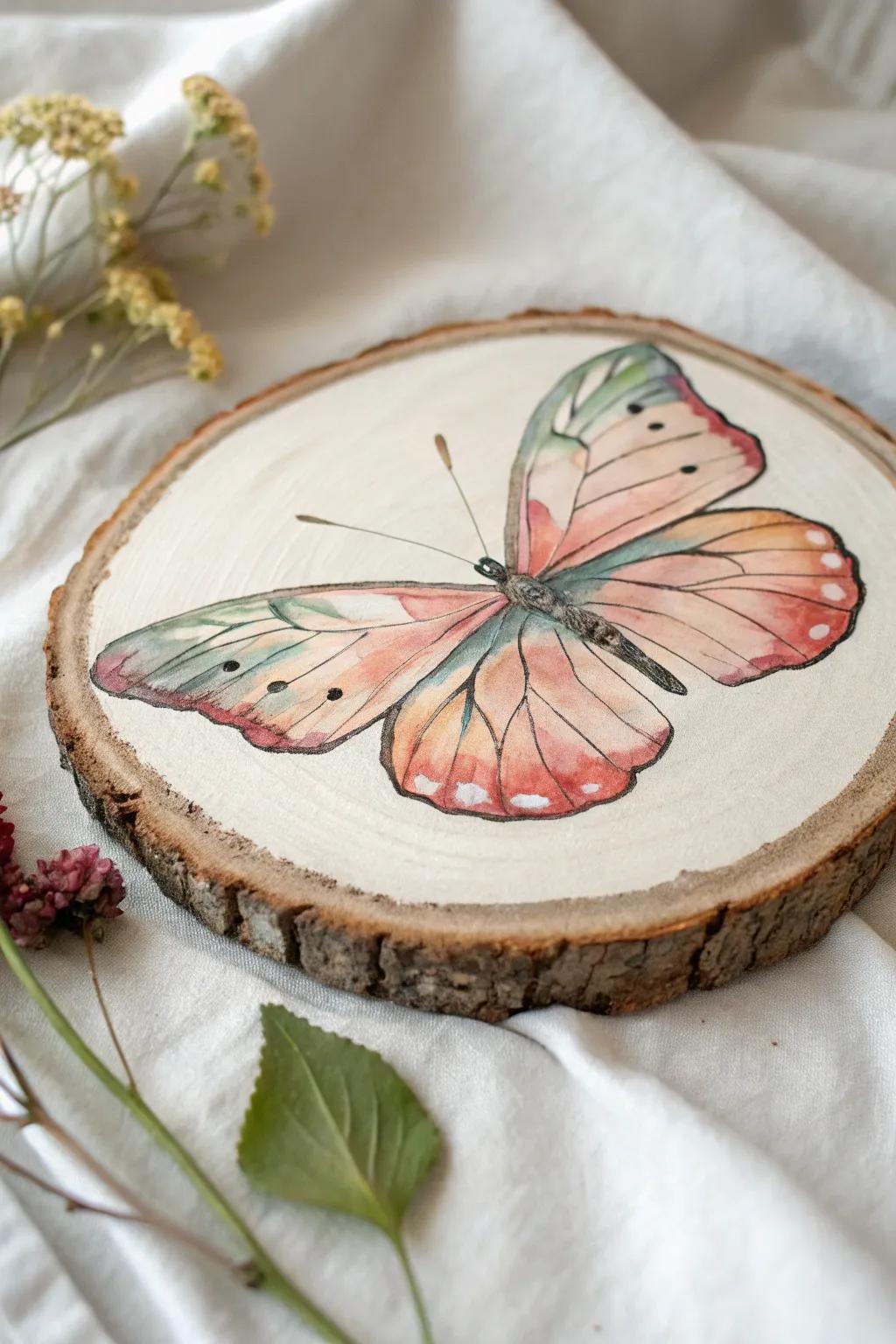 Airy acrylic wash butterfly on pale birch—soft layers, bleeding edges, pure handmade calm.