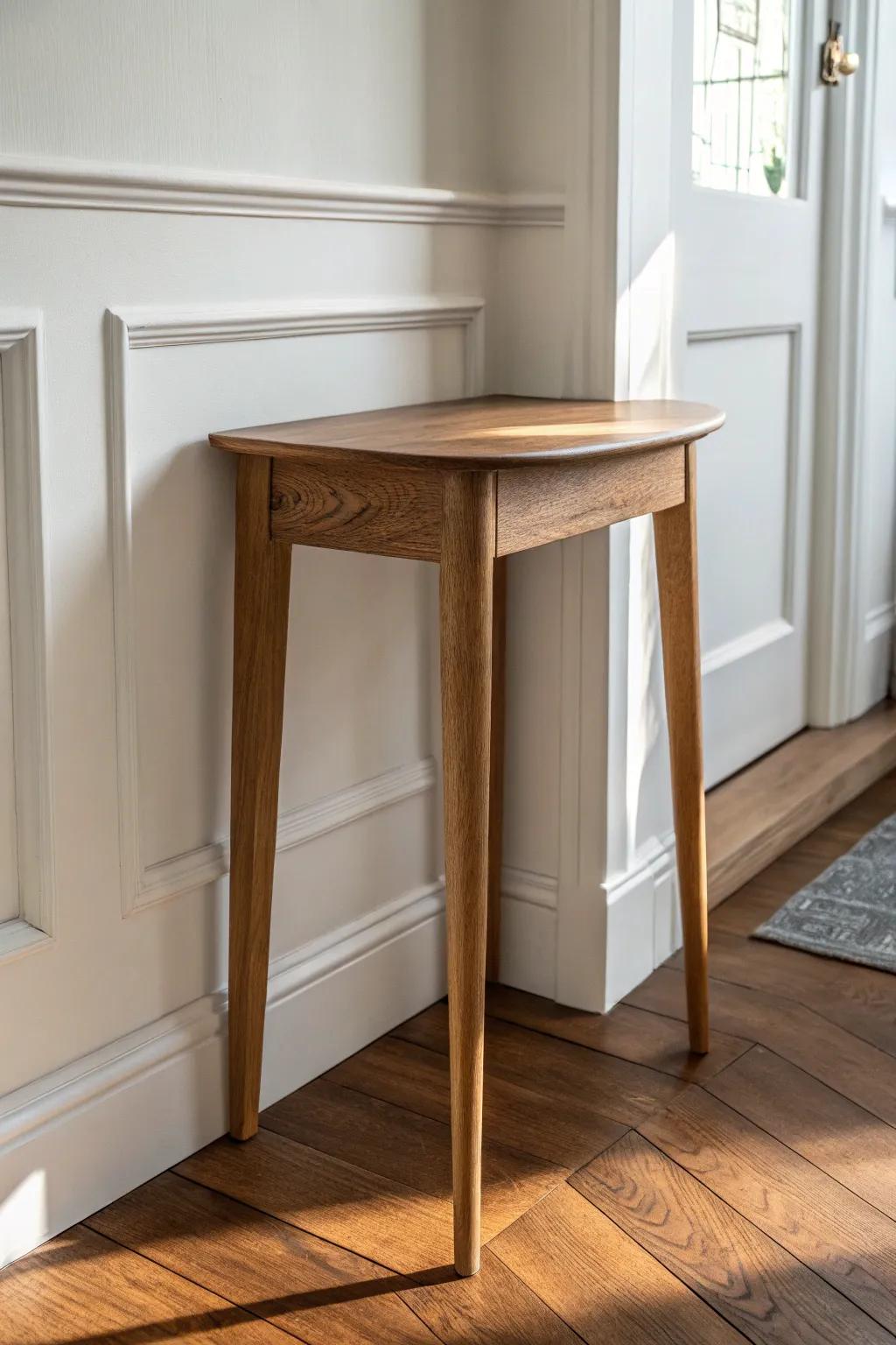 Slim oak corner table with a subtle tray top—perfect for keys and mail in narrow entryways.