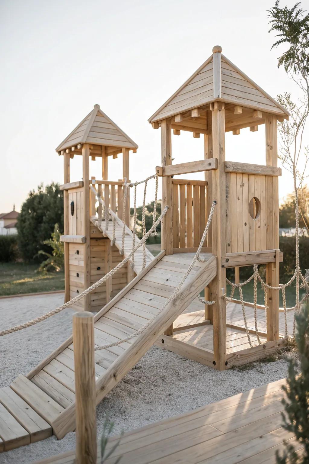 Two wooden towers + a wobbly rope bridge—simple, park-like play in natural timber.