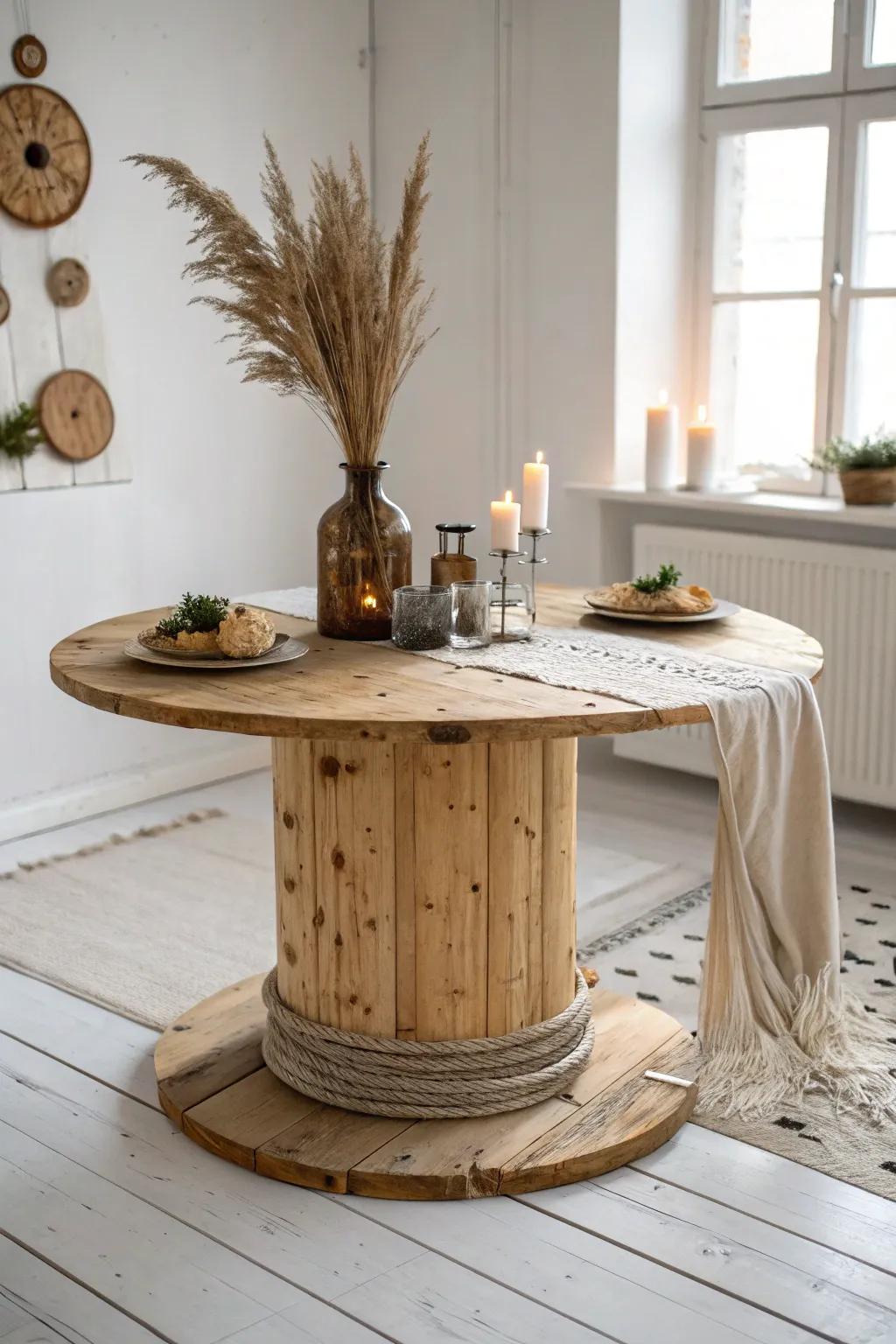 A charming sweetheart table made from twin wooden spools and a simple plank top.