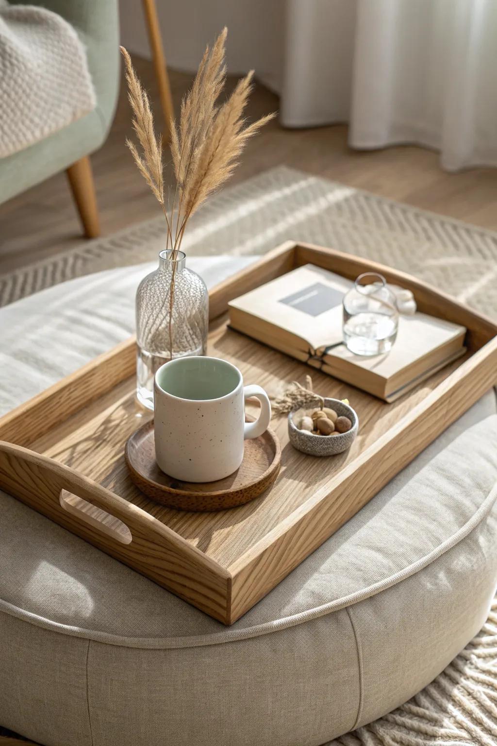 A cozy ottoman tray setup: oak warmth, soft coaster, book, and a tiny vase—simple and polished.