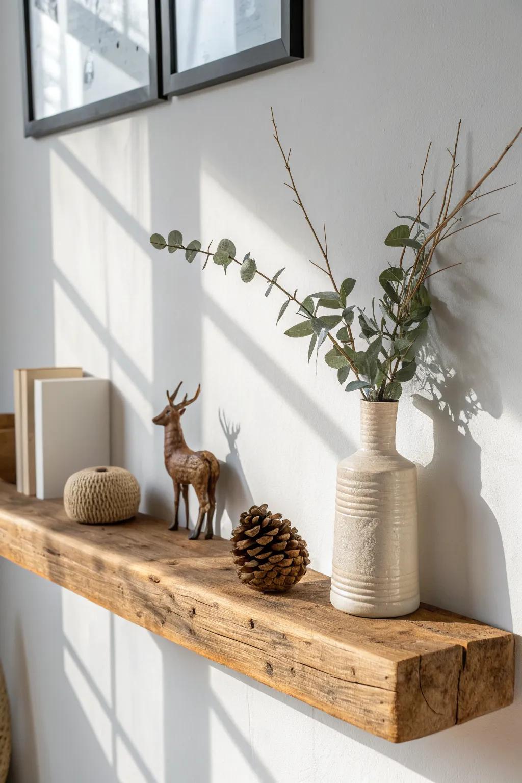 Reclaimed wood shelf styling: a simple floating ledge for pinecones, twigs, and tiny critters.