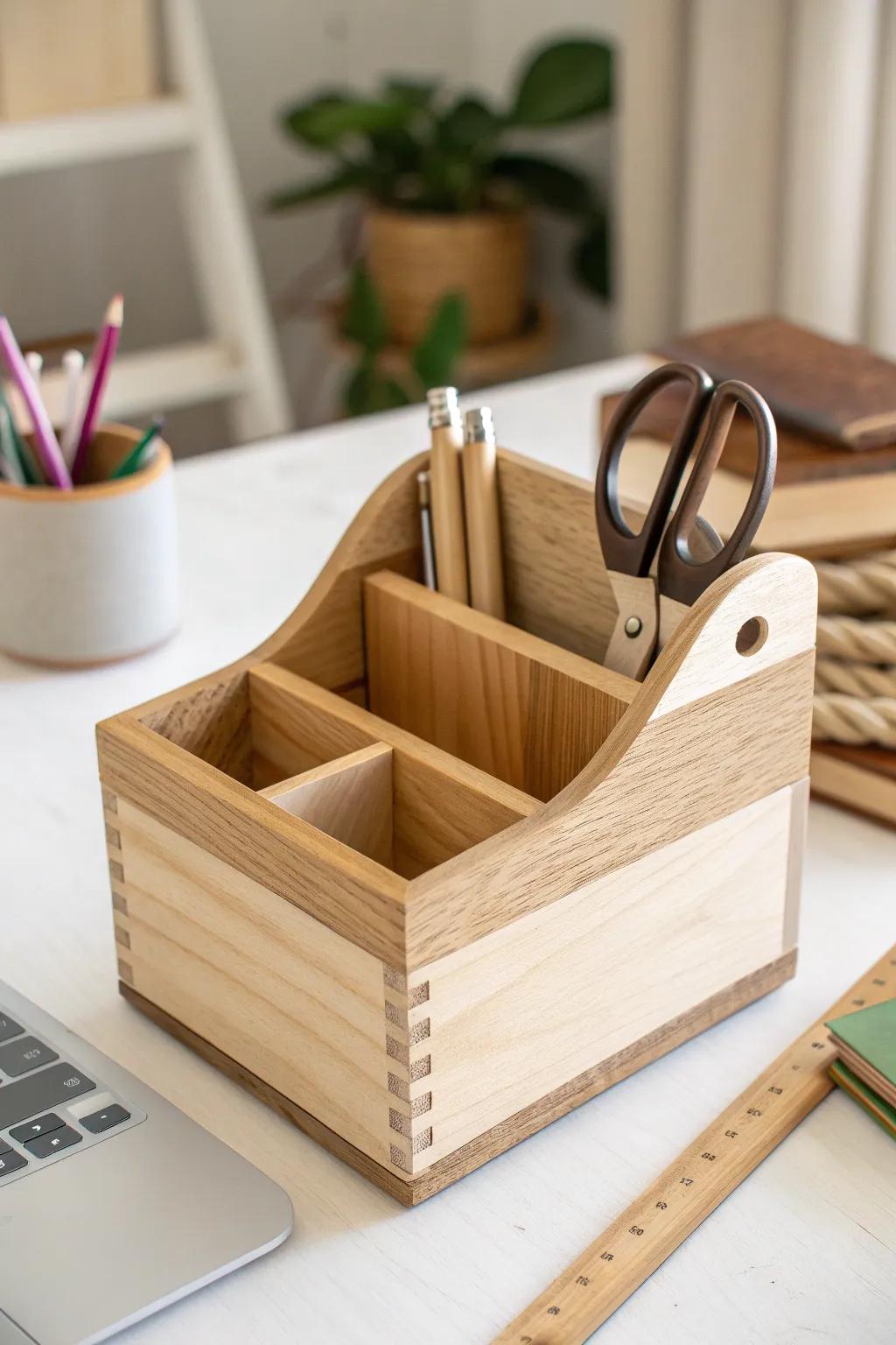 A simple scrap-wood desktop caddy that corrals pens, scissors, and tiny tools beautifully.