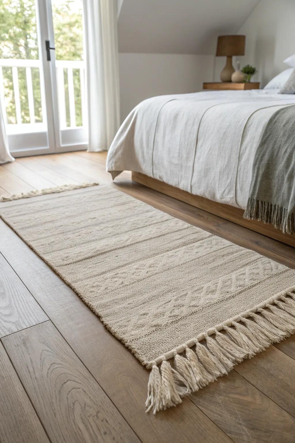 Let matte oak floors glow—layer a plush rug in natural tones for instant woodsy calm.