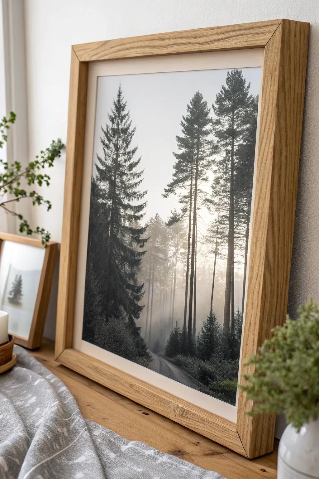 Forest silhouettes on oak—minimalist wall art with warm wood grain and moody contrast.
