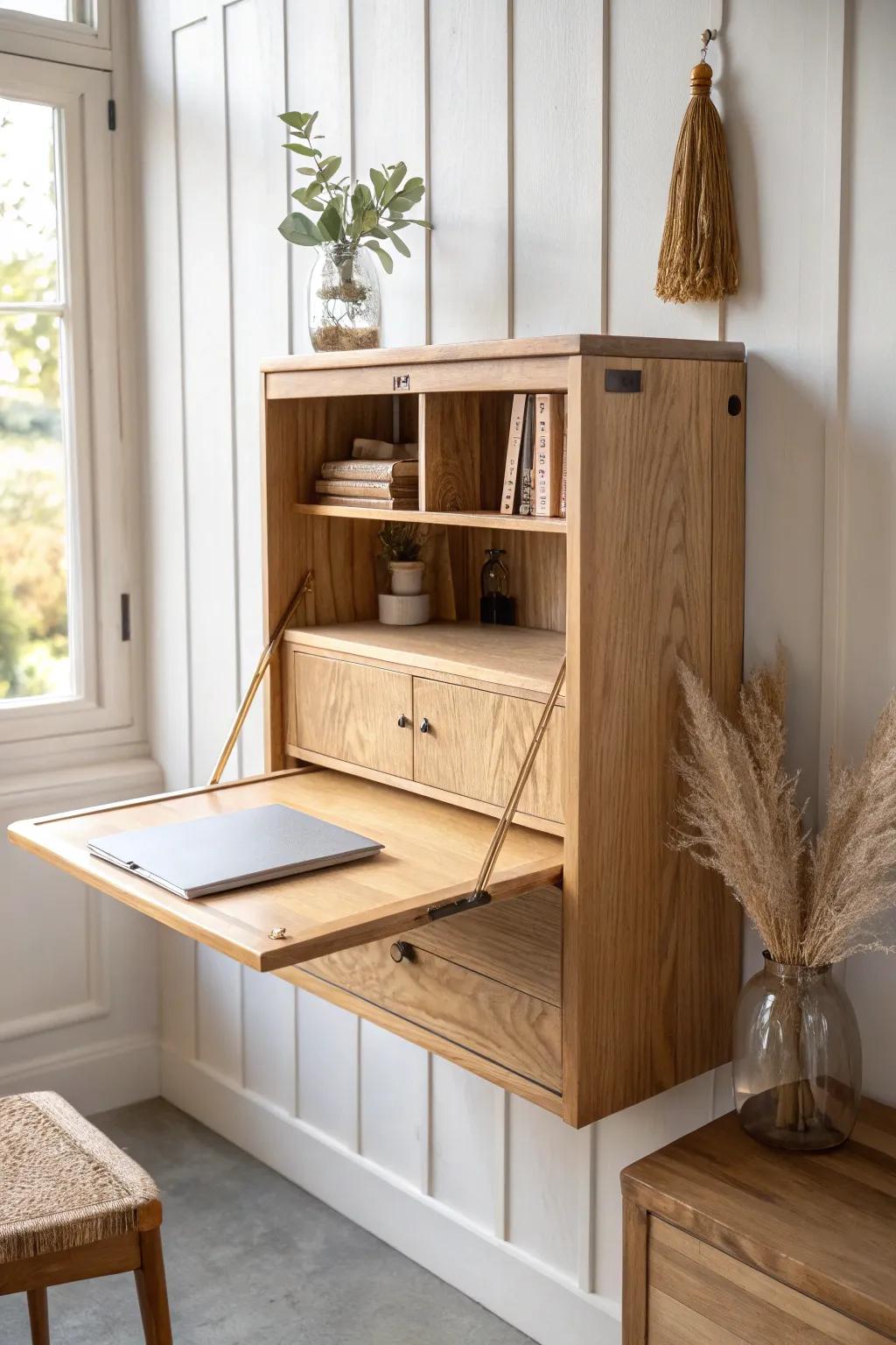 A fold-down wall desk that looks like décor by day—then flips open for focused work.