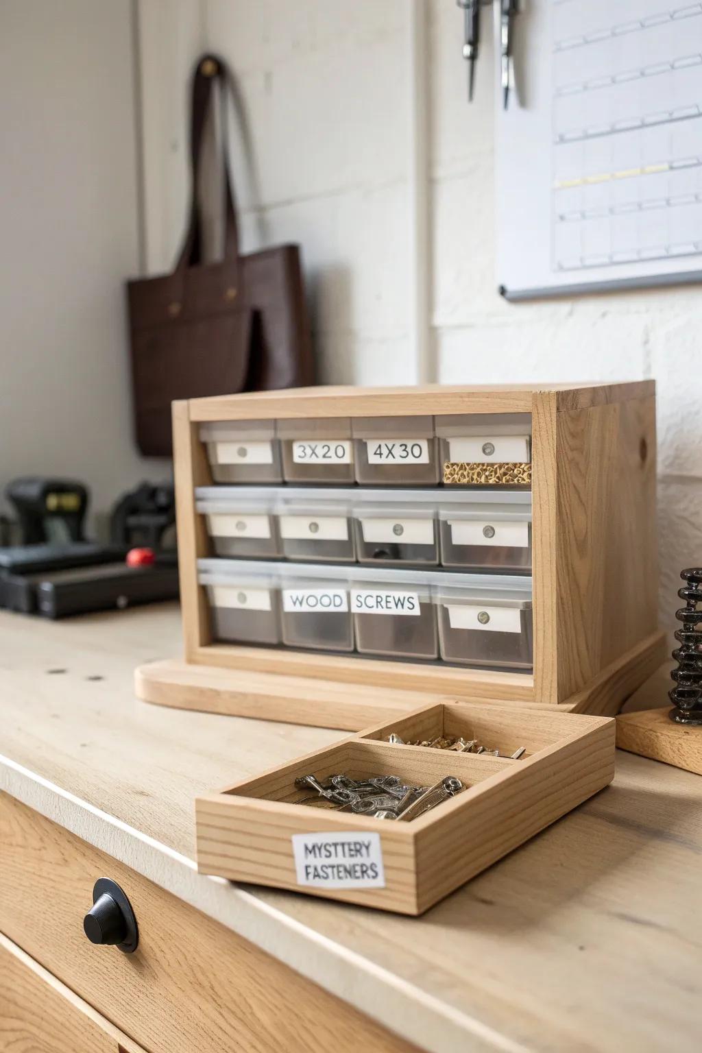 A labeled small-parts bin row—sorted screws plus a “mystery fasteners” bin for zero clutter.