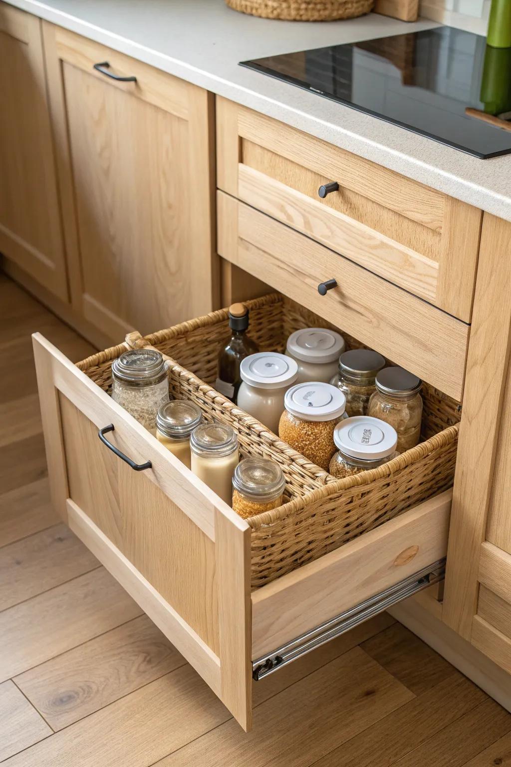 Deep pull-out pantry drawers keep every jar visible—no more lost pasta in the back.
