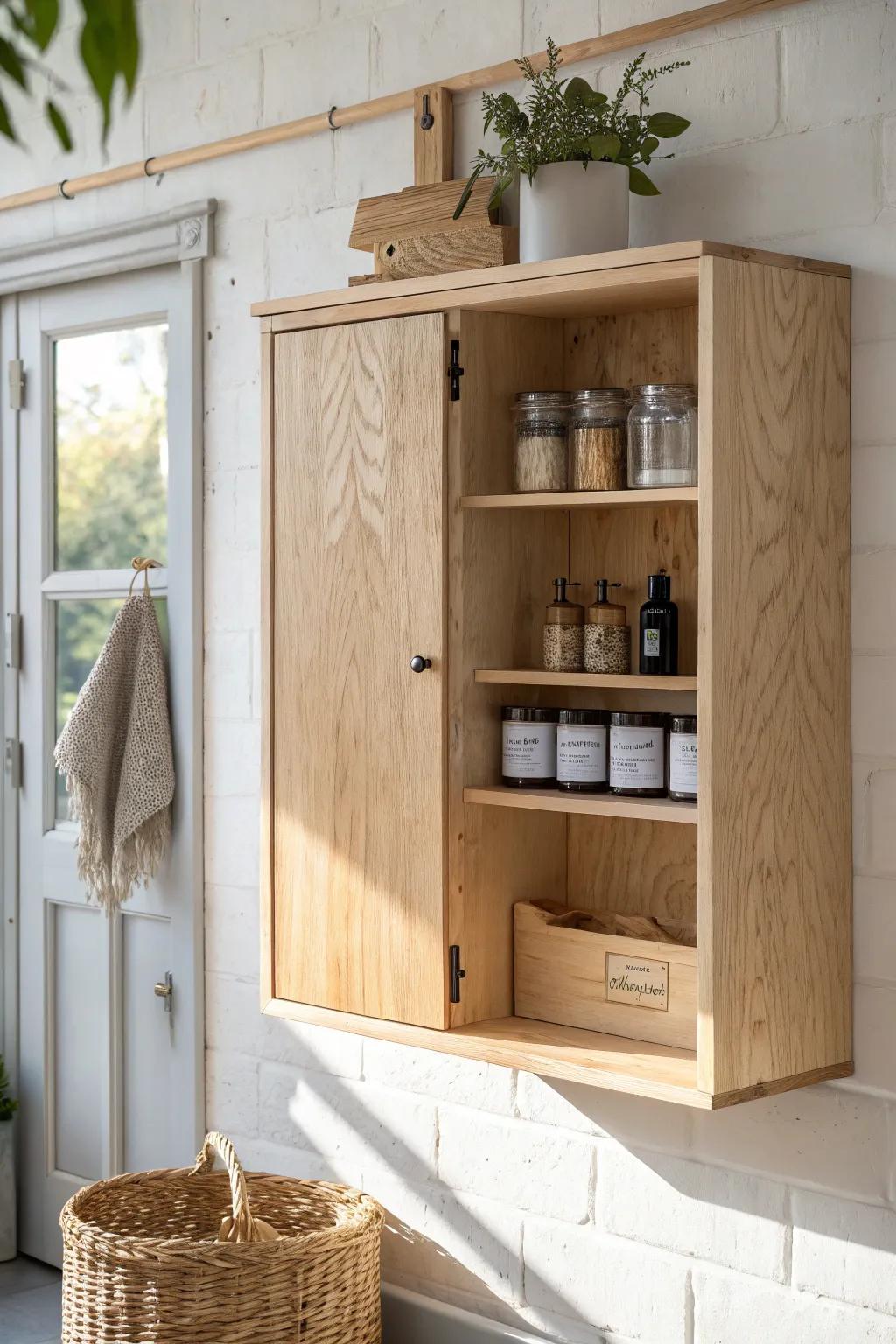 Wall-hung birch cabinet frees up floor space and adds calm, crafted Scandinavian style.