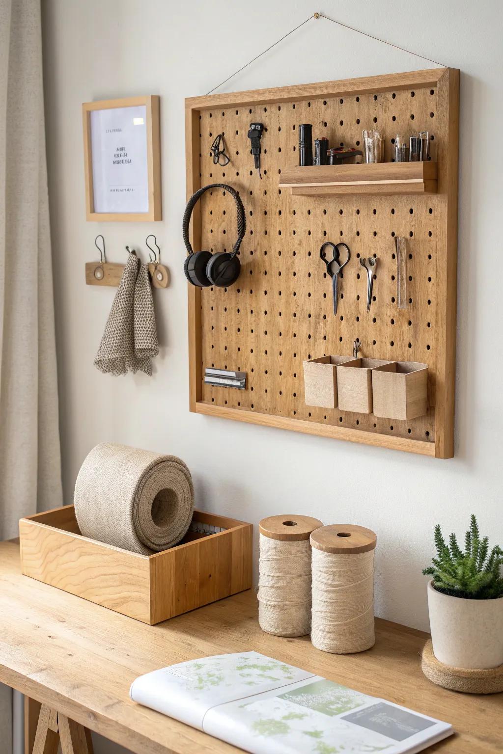 Warm wood pegboard wall keeps your workstation serene—tools, bins, and calm in one place.