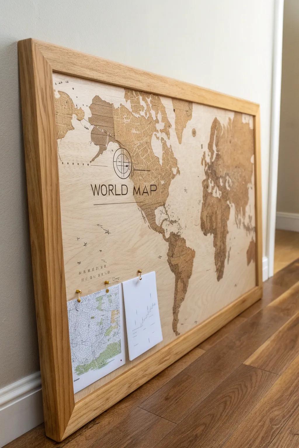 A heritage world map pinboard with recipe cards by region—beautiful, tidy, and made to last.