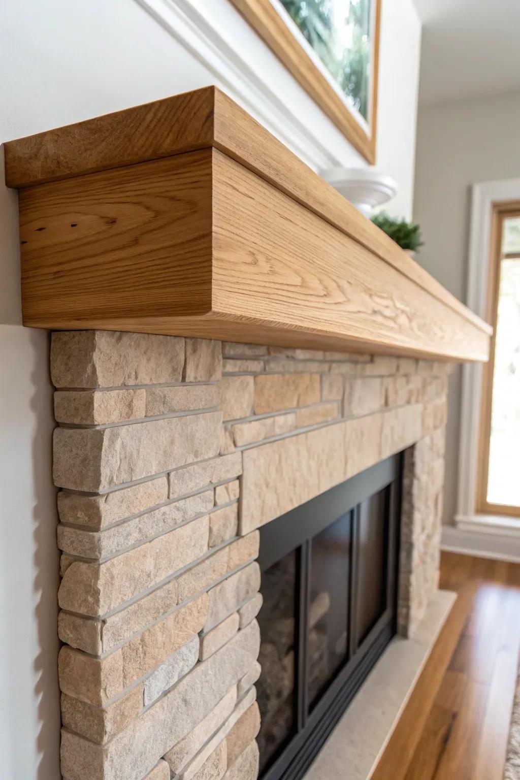 Floating wrap-around oak mantel, perfectly mitered to spotlight the rugged stone/brick returns.