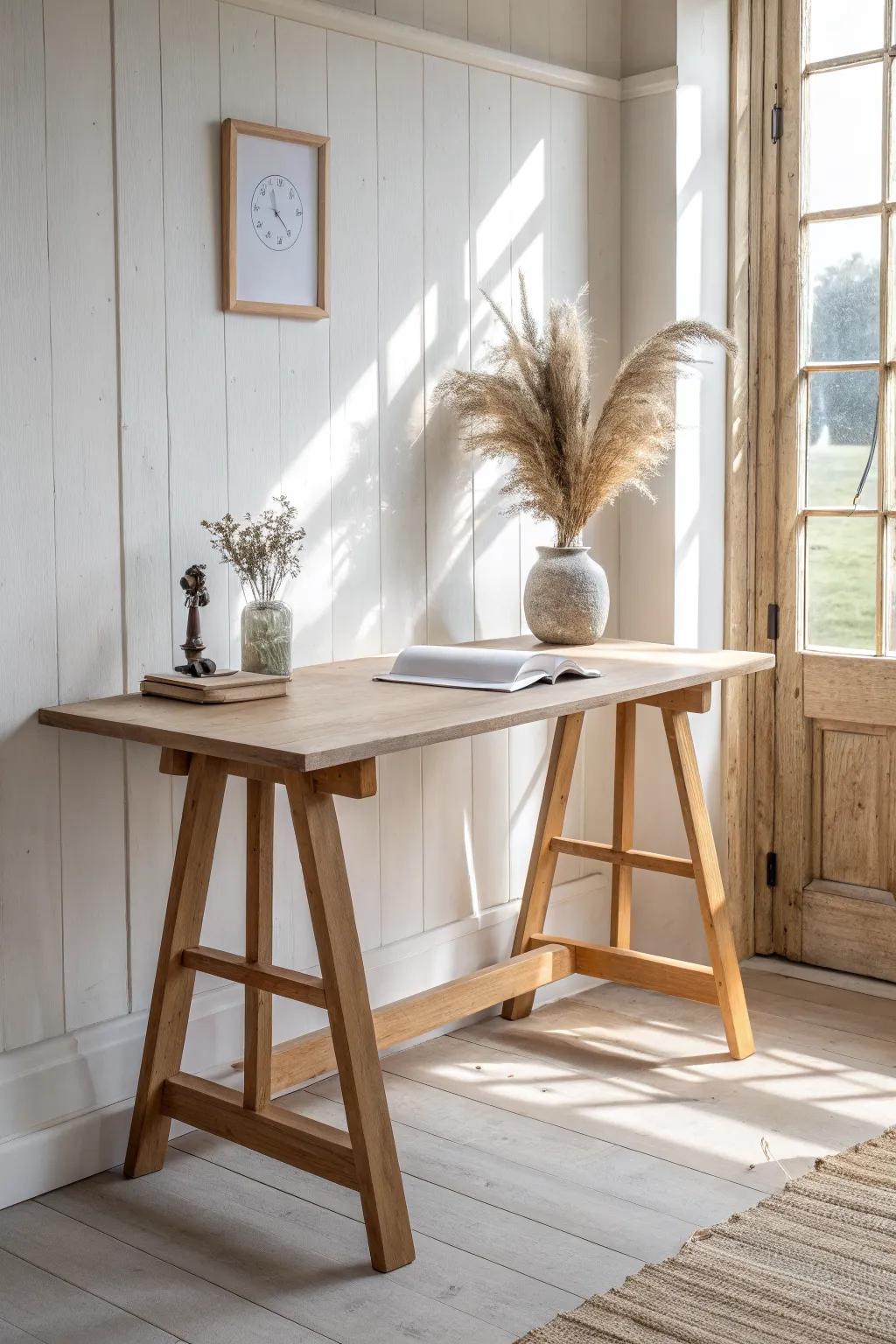 Rustic trestle writing desk with sawhorse legs—airy Scandinavian style, sturdy and timeless.