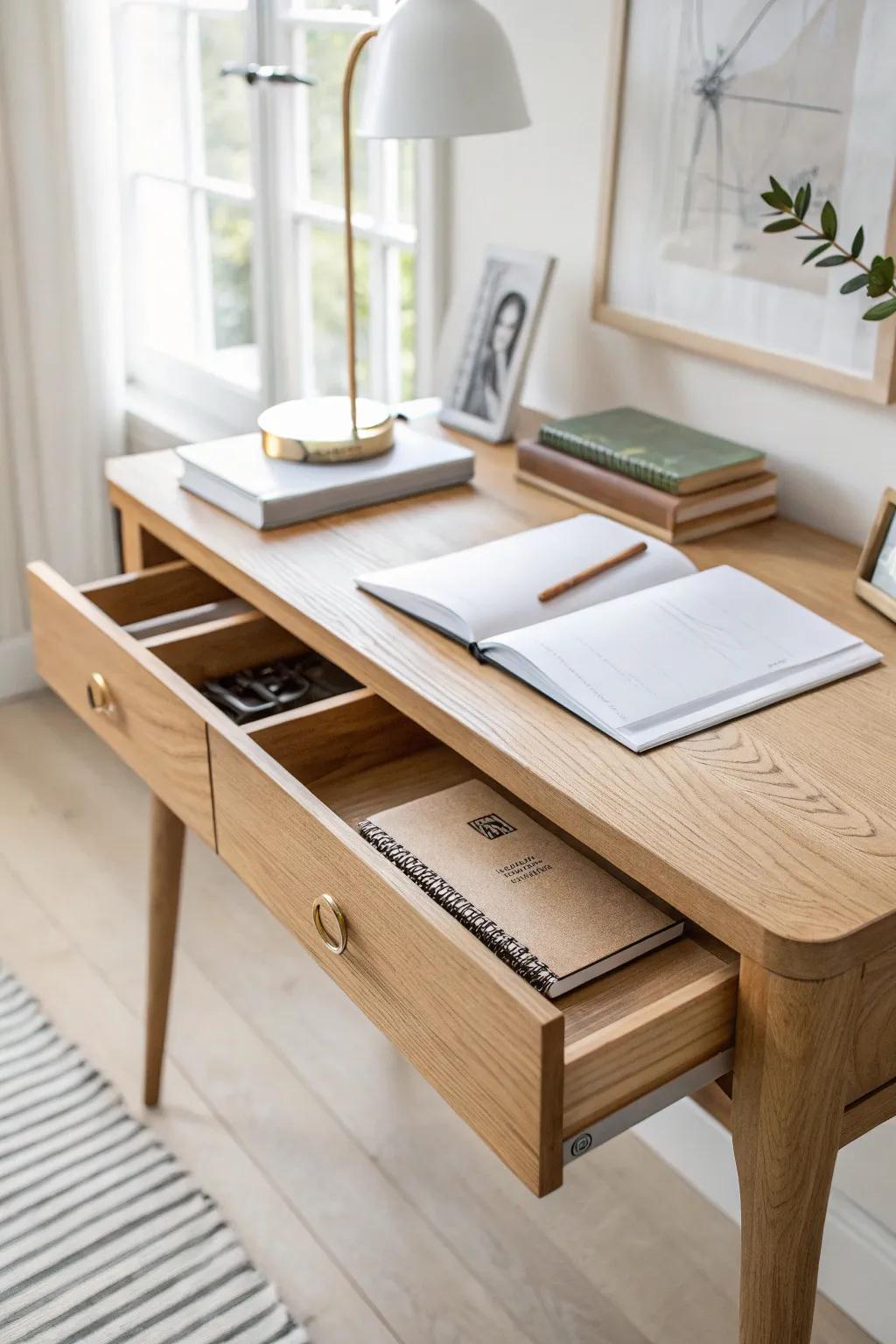 A shallow under-desk wood drawer keeps notebooks and paper hidden—calm, clean, and beautiful.