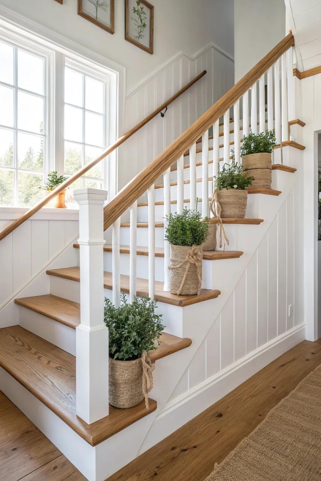 Boxwood bundles on every third baluster—simple, airy, and lets the wood rail shine.