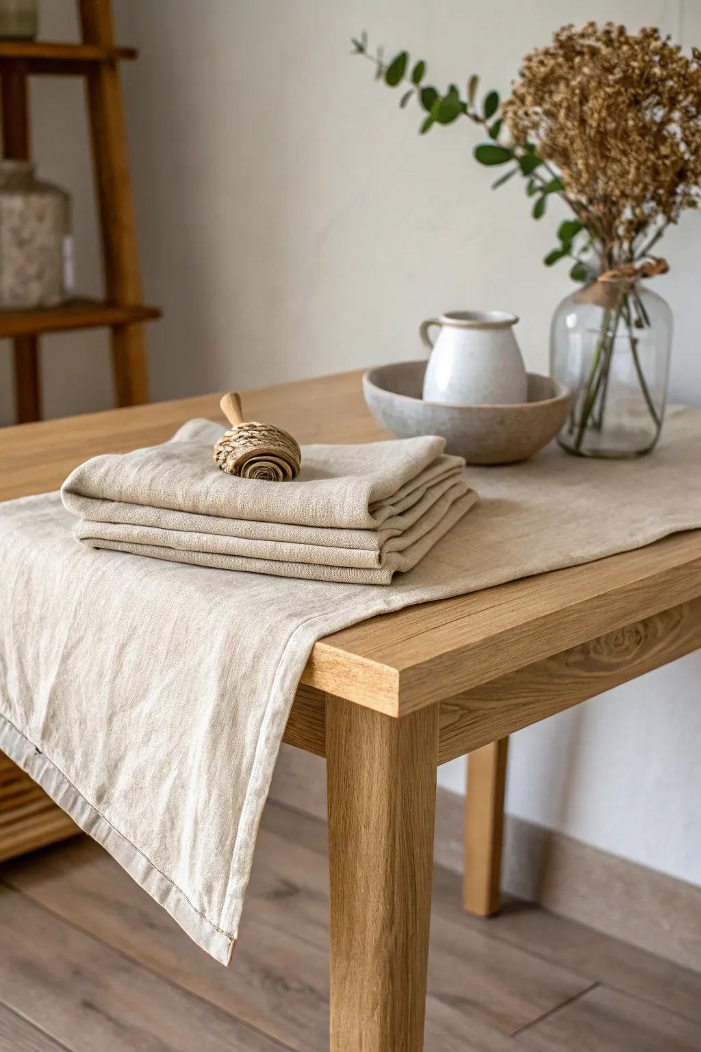 A simple linen cloth, finished with a tiny handmade wood clip—rustic, tidy, Yule-ready.
