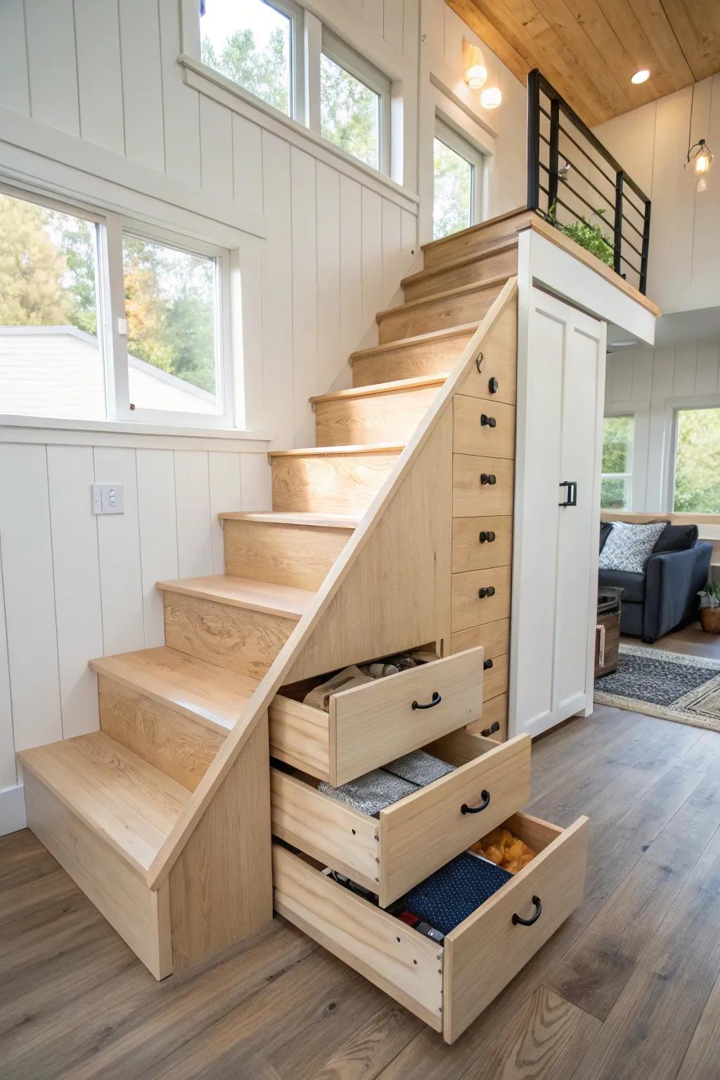 Built-in storage stairs: handcrafted drawers that make every tiny-house loft step count.
